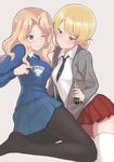  black_neckwear blonde_hair blue_eyes blue_skirt blue_sweater blush bottle breasts cosplay costume_switch cup darjeeling darjeeling_(cosplay) dress_shirt girls_und_panzer glass_bottle goji_(five_clock) green_eyes jacket kay_(girls_und_panzer) kay_(girls_und_panzer)_(cosplay) kneeling long_hair medium_breasts miniskirt multiple_girls necktie one_eye_closed pantyhose pleated_skirt saunders_school_uniform shirt skirt smile soda_bottle st._gloriana's_school_uniform sweater teacup thighs uniform v-neck white_background white_shirt yuri 