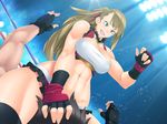  1girl 23_(real_xxiii) blue_eyes breasts brown_hair frills game_cg gloves hair_ribbon large_breasts long_hair midriff muscle muscular_female navel ponytail ribbon smile sweat wrestle_fight_girls 