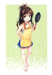  :d absurdres apron bare_shoulders blush brown_hair frying_pan hand_on_hip heart highres holding long_hair looking_at_viewer open_mouth scan sleeveless slippers smile solo to_love-ru to_love-ru_darkness yabuki_kentarou yellow_eyes yuuki_mikan 