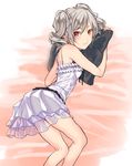  3u alternate_costume bad_id bad_pixiv_id bare_shoulders bent_over blush breasts dress drill_hair hair_ribbon holding holding_pillow idolmaster idolmaster_cinderella_girls kanzaki_ranko kneepits looking_at_viewer lying on_bed on_side pillow red_eyes ribbon silver_hair sleeveless small_breasts smile solo twin_drills twintails white_dress white_ribbon 