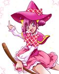  :d absurdres arudebido bow broom cosplay cowboy_shot hair_bow hat hat_bow highres hoshizora_miyuki looking_at_viewer magic_school_uniform mahou_girls_precure! open_mouth pink pink_eyes pink_hair pink_hat pink_skirt plaid plaid_bow precure shawl short_hair short_twintails skirt smile smile_precure! solo star twintails white_background witch_hat yellow_bow 