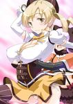  arm_up beret blonde_hair blush breasts brown_legwear capelet cleavage corset covered_nipples detached_sleeves drill_hair hair_ornament hairpin hat large_breasts looking_at_viewer magical_girl mahou_shoujo_madoka_magica momoe_nagisa multiple_girls open_clothes open_mouth open_shirt panties pleated_skirt puffy_short_sleeves puffy_sleeves shinama shirt short_sleeves side-tie_panties skirt smile striped striped_legwear striped_panties thighhighs tomoe_mami twin_drills twintails underwear vertical-striped_legwear vertical_stripes white_hair yellow_eyes 