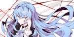  absurdres artist_name black_jacket blue_eyes blue_hair braid character_name chinese_commentary commentary_request copyright_name eyebrows_visible_through_hair formal frilled_sleeves frills hand_in_hair highres jacket kiznaiver litsvn long_hair long_sleeves looking_to_the_side shirt smile solo sonozaki_noriko 