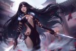  black_hair breasts choker consort_yu dress fate/grand_order fate_(series) gloves jonathan_hamilton long_hair navel raikoart red_eyes sword watermark weapon 