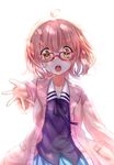  bad_id bad_pixiv_id blue_skirt brown_eyes brown_hair dk.senie glasses highres jewelry kuriyama_mirai kyoukai_no_kanata looking_at_viewer open_mouth pleated_skirt ring short_hair simple_background skirt solo white_background 