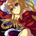  arm_up bare_shoulders blonde_hair breasts brown_eyes calamity_jane detached_sleeves dress drill_hair enoo fur_trim long_hair long_sleeves looking_away lowres medium_breasts oekaki red_dress shading_eyes sidelocks smile solo wild_arms wild_arms_1 