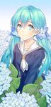  aqua_eyes aqua_hair blush flower hair_flower hair_ornament hatsune_miku hydrangea k_(shinya90) long_hair school_uniform serafuku smile solo twintails very_long_hair vocaloid 