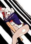  baseball_bat batman_(series) blonde_hair blue_eyes blue_hair breasts dc_comics harley_quinn jacket lipstick long_hair makeup multicolored_hair solo suicide_squad twintails weapon 