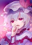  ainy77 bad_id bad_pixiv_id blood blue_hair face fang fingernails hat hat_ribbon long_fingernails long_sleeves mob_cap nail_polish open_mouth portrait puffy_sleeves red_eyes remilia_scarlet ribbon short_hair solo touhou 