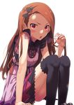  bad_id bad_pixiv_id black_legwear blush bow breasts brown_hair commentary_request dress hair_bow highres idolmaster idolmaster_(classic) long_hair looking_at_viewer minase_iori narumi_arata open_mouth red_eyes revision simple_background sitting sleeveless sleeveless_dress small_breasts solo sweatdrop thighhighs white_background 