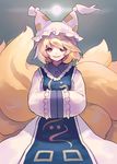  ainy77 animal_ears bad_id bad_pixiv_id blonde_hair dress fox_tail hands_in_opposite_sleeves hat long_sleeves looking_at_viewer mob_cap multiple_tails pillow_hat short_hair smile solo tabard tail tassel touhou white_dress wide_sleeves yakumo_ran yellow_eyes 