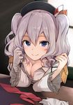  bad_id bad_twitter_id beret blue_eyes breasts cleavage epaulettes frilled_sleeves frills gloves grey_eyes hat kantai_collection kashima_(kantai_collection) looking_at_viewer max_melon medium_breasts military military_uniform sidelocks silver_hair single_glove smile solo tsurime twintails uniform wavy_hair white_gloves 