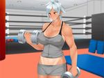  23_(real_xxiii) breasts breath brown_eyes collarbone dark_skin dumbbell exercise game_cg gym gym_uniform large_breasts muscle muscular_female short_hair silver_hair solo tan tanline weightlifting weights wrestle_fight_girls wrestling_ring 