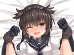  black_gloves blush brown_eyes brown_hair clothes_writing commentary_request elbow_gloves gloves hairband hatsuzuki_(kantai_collection) implied_futanari implied_sex kantai_collection lying multiple_girls musouzuki neckerchief on_back one_eye_closed open_mouth out_of_frame pov pov_hands school_uniform serafuku solo_focus translated 