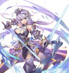  aqua_eyes armor bare_shoulders belt blush breasts crown dual_wielding highres holding holding_sword holding_weapon large_breasts lavender_hair long_hair nadare-san_(nadare3nwm) open_mouth original outstretched_arm simple_background solo sword weapon white_background 