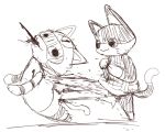  animal_crossing anthro armor boke_(artist) bottomless clothed clothing duo fight fur half-closed_eyes helmet hitting impact kick kid_cat_(animal_crossing) male mammal multicolored_fur nintendo pointy_ears punching punchy_(animal_crossing) simple_background smile standing two_tone_fur video_games whiskers 