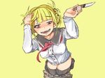  bangs blonde_hair blunt_bangs blush boku_no_hero_academia cardigan double_bun hand_on_head hand_on_own_head kneeling knife messy_hair namiko_(emi) no_pants oekaki red_eyes school_uniform serafuku skirt smile solo thighhighs toga_himiko weapon 