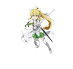  asuna_(sao) asuna_(sao)_(cosplay) blonde_hair cosplay detached_sleeves full_body green_eyes green_skirt hair_ornament highres holding holding_sword holding_weapon leafa long_hair official_art pleated_skirt pointy_ears ponytail simple_background skirt smile solo sword sword_art_online sword_art_online:_code_register thighhighs weapon white_background white_legwear 