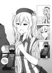 1boy 1girl arm_sling balaclava beanie beret box cast commentary employee_uniform english_commentary flying_sweatdrops greyscale hat highres kantai_collection kashima_(kantai_collection) lawson mask monochrome open_mouth robba-san_(wangphing) spoken_ellipsis twintails twitter_username uniform wangphing 