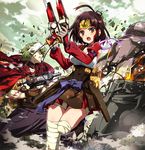  1girl bandaged_leg bandages breasts brown_gloves brown_hair cape clenched_teeth dual_wielding glasses gloves green_hair gun highres holding holding_gun holding_weapon ikoma_(kabaneri) japanese_clothes koutetsujou_no_kabaneri long_hair medium_breasts mumei_(kabaneri) nyoro_(nyoronyoro000) open_mouth red_eyes short_hair shorts teeth weapon white_hair 