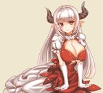  alicia_(granblue_fantasy) beige_background breasts cleavage draph dress earrings gloves granblue_fantasy highres horns jewelry large_breasts long_hair looking_at_viewer pointy_ears red_eyes silver_hair simple_background smile solo white_gloves yhes70903 