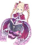  bangs beatrice_(re:zero) blonde_hair crown dress drill_hair frilled_dress frills full_body fur_trim highres holding keid legs_together long_hair long_sleeves looking_at_viewer mini_crown pantyhose re:zero_kara_hajimeru_isekai_seikatsu simple_background solo striped striped_legwear swept_bangs symbol-shaped_pupils twin_drills white_background 