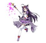  ahoge alternate_costume animal_band_legwear animal_ears brown_eyes cat_band_legwear cat_ears cat_tail frilled_skirt frills full_body gloves hair_ribbon highres holding long_hair magical_girl official_art purple_hair purple_skirt ribbon see-through simple_background skirt smile solo staff star sword_art_online sword_art_online:_code_register tail thighhighs white_background white_gloves white_legwear yuuki_(sao) zettai_ryouiki 