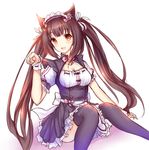  :d animal_ears apron bell black_legwear bow bowtie brown_hair cat_ears chocola_(sayori) cleavage_cutout frilled_apron frills hair_ribbon highres jingle_bell long_hair looking_at_viewer maid maid_headdress nekopara open_mouth paw_pose puffy_short_sleeves puffy_sleeves red_eyes ribbon ribbon-trimmed_clothes ribbon_trim short_sleeves simple_background sitting smile solo thighhighs twintails uniform very_long_hair waist_apron white_background wrist_cuffs wsman 