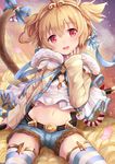  :d andira_(granblue_fantasy) animal_ears bangs bell belt blonde_hair blue_bow blue_ribbon blue_shorts blush bow breasts cloud crop_top detached_sleeves erune eyebrows eyebrows_visible_through_hair flying_nimbus fur_trim granblue_fantasy groin hair_between_eyes hair_ornament hairband highres jacket jewelry jingle_bell long_sleeves looking_at_viewer midriff monkey_ears monkey_tail navel open_mouth petals pointy_hair red_eyes ribbon rope short_hair short_shorts shorts sitting sky small_breasts smile solo staff stomach striped striped_legwear tail tail_bell tail_bow thighhighs two_side_up u_rin yellow_jacket 