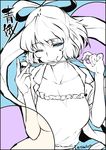  ;p artist_name blue_eyes breasts collarbone dress frills hair_ornament hair_rings hair_stick half-closed_eye highres kaku_seiga large_breasts licking limited_palette looking_at_viewer one_eye_closed partially_colored short_hair short_sleeves solo taketora_suzume tongue tongue_out touhou 