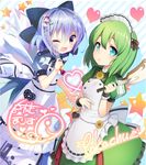  ;d alternate_costume apron bad_id bad_pixiv_id blue_eyes blue_hair bow cirno daiyousei dress enmaided fairy_wings green_dress hair_bow heart ice ice_wings maid maid_apron maid_headdress multiple_girls one_eye_closed open_mouth pokachu puffy_short_sleeves puffy_sleeves purple_eyes short_sleeves smile snowman_hair_ornament striped striped_background touhou whisk wings wrist_cuffs 