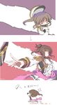  3koma aiguillette art_shift bad_id bad_twitter_id bowwow_(hamju94) brown_eyes brown_hair chasing chibi comic double-breasted epaulettes flying_sweatdrops glaring hat hat_loss hat_removed headwear_removed high_collar high_ponytail idolmaster idolmaster_cinderella_girls idolmaster_cinderella_girls_starlight_stage long_hair military military_hat military_uniform naval_uniform navel outstretched_arms outstretched_hand peaked_cap pleated_skirt ponytail reaching_out ribbon seizon_honnou_valkyria serious sidelocks skirt solo takamori_aiko tears torn_clothes torn_coat translated uniform wind 