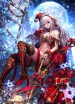  age_of_ishtaria ahoge bikini_top black_legwear blue_eyes boots bow breasts building cleavage company_name dutch_angle english full_moon fur_trim hair_ornament hat holding jname knee_boots large_breasts long_hair looking_at_viewer moon plant red_bow red_footwear red_ribbon ribbon sack santa_hat sitting snowflakes solo strap_slip thighhighs vines watermark white_hair window windowsill 