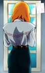  artist_name ass belt cecily_fairchild denim from_behind gundam gundam_f91 hatsune_mick jeans long_hair orange_hair pants solo tight_pants window 