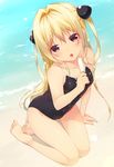  :o bangs barefoot black_swimsuit blonde_hair breasts cameltoe collarbone covered_nipples feet food hair_intakes hair_ornament highres konjiki_no_yami long_hair looking_at_viewer one-piece_swimsuit popsicle red_eyes sand seiza shokuyou_mogura sitting small_breasts solo suggestive_fluid swimsuit to_love-ru two_side_up water 