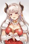  alicia_(granblue_fantasy) blonde_hair blush breasts center_opening cleavage draph dress earrings gloves granblue_fantasy himuro_(dobu_no_hotori) horns jewelry large_breasts long_hair looking_at_viewer open_mouth paizuri_invitation pointy_ears puffy_short_sleeves puffy_sleeves red_eyes short_sleeves silver_hair smile solo white_gloves 