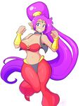  armlet bare_shoulders blue_eyes bracer breasts cleavage dark_skin earrings forehead_jewel grin hands_up high_ponytail highres jewelry large_breasts long_hair long_ponytail looking_to_the_side midriff navel pants pointy_ears ponytail purple_hair red_pants red_shoes revealing_clothes see-through shantae shantae_(character) shiny_hair shoes simple_background sleeveless smile solo teeth theycallhimcake tiara very_long_hair vest white_background wide_hips 