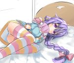  1girl ass bed bow braid character_doll doll_hug hair_bow headboard himajin_(starmine) long_hair looking_at_viewer lying neptune_(neptune_series) neptune_(series) object_hug on_bed on_side panties pantyshot pantyshot_(lying) purple_eyes purple_hair pururut single_braid smile solo striped striped_legwear thighhighs underwear very_long_hair 