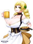  :d beer_mug blonde_hair breasts cleavage cup dirndl drill_hair german_clothes holding holding_cup huge_breasts long_hair looking_at_viewer mahou_shoujo_madoka_magica oktoberfest open_mouth simple_background smile solo tomoe_mami torigoe_takumi twin_drills white_background 