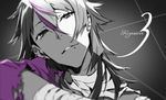  bandages copyright_name ear_piercing highres hisomu_yoshiharu kiznaiver lip_piercing looking_at_viewer male_focus monochrome multicolored_hair number parted_lips piercing solo spot_color streaked_hair torn_clothes upper_body yoneyama_mai 
