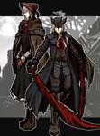  blood bloodborne bonnet boots coat doll_joints dress female full_body hat lady_maria_of_the_astral_clocktower multiple_girls outdoors partially_colored plain_doll sky sliver_hair sword weapon 
