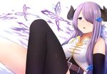  :o absurdres akky_(akimi1127) animal bare_legs bare_shoulders belt belt_buckle black_gloves blush braid breasts buckle bug butterfly coat draph elbow_gloves gloves granblue_fantasy hair_ornament hairclip highres horns insect large_breasts long_hair looking_at_viewer narmaya_(granblue_fantasy) open_mouth pink_hair pointy_ears purple_eyes side_braid sidelocks simple_background single_thighhigh sitting solo tareme thighhighs white_background white_coat 