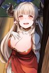  :d abi_(abimel10) alicia_(granblue_fantasy) blush breasts cleavage cross cross_earrings draph dress earrings flying_sweatdrops gloves granblue_fantasy hand_on_own_chest highres horns jewelry large_breasts long_hair looking_at_viewer open_mouth red_eyes silver_hair smile solo suggestive_fluid white_gloves 