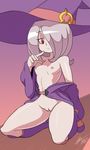  1girl bigdead93 breasts hair_over_one_eye hat lavender_hair little_witch_academia long_hair nipples open_clothes pussy red_eyes simple_background solo sucy_manbabalan uncensored witch 