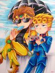  binoculars bird birthmark blonde_hair blue_eyes blue_sky braid cloud crossed_legs dio_brando earrings father_and_son food giorno_giovanna headband heart highres holding jewelry jojo_no_kimyou_na_bouken kameron knee_pads male_focus marker_(medium) motion_lines multiple_boys parasol pointy_shoes popsicle shoes signature single_braid sitting sky sunglasses traditional_media umbrella 