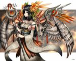  angel_wings black_hair breasts detached_sleeves flower gia hair_flower hair_ornament hair_over_one_eye holding holding_staff japanese_clothes long_hair medium_breasts original red_eyes sideboob signature skull solo staff standing wings 