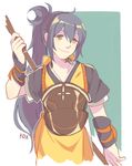  armor arms_up artist_name bangs blue_hair breastplate commentary fire_emblem fire_emblem_if foxkunkun holding japanese_clothes long_hair naginata oboro_(fire_emblem_if) polearm ponytail simple_background smile solo weapon yellow_eyes 