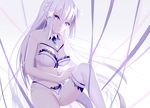  bangs bare_shoulders bow bow_bra bra braid breasts clare_(543) cleavage detached_collar dressing elf emilia_(re:zero) flower hair_flower hair_ornament lace lace-trimmed_bra large_breasts leg_up lingerie long_hair looking_at_viewer navel panties pointy_ears purple_eyes re:zero_kara_hajimeru_isekai_seikatsu removing_legwear silver_hair sitting solo strap_slip thighhighs underwear underwear_only white_bra white_legwear white_panties 