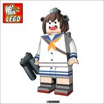  black_border border brown_hair buck_teeth commentary_request dress full_body headgear holding holding_binoculars kantai_collection kei-suwabe lego no_humans open_mouth sailor_dress short_hair simple_background solo translated twitter_username white_background yukikaze_(kantai_collection) 