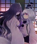  arano_oki blue_eyes breasts hair_over_eyes hat japanese_clothes kariginu kimono large_breasts long_hair mononobe_no_futo multiple_girls okiku_(banchou_sarayashiki) open_mouth pale_skin ponytail purple_hair silver_hair smile tate_eboshi touhou triangular_headpiece very_long_hair yuri 